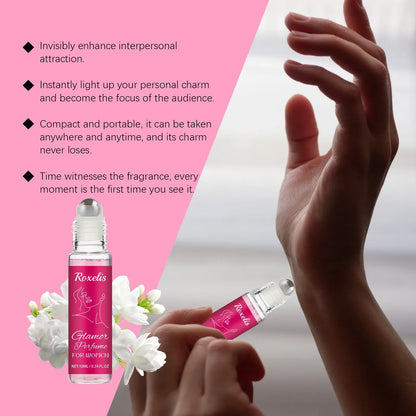 Roxelis 10ml pheromone perfume roller ball by Blushimmer, featuring a sleek design for long-lasting natural fragrance and flirting.