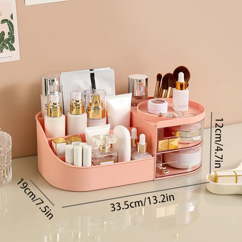Blushimmer cosmetic storage box with drawer, desktop organizer for lipstick, brushes, and skincare products, black plastic design