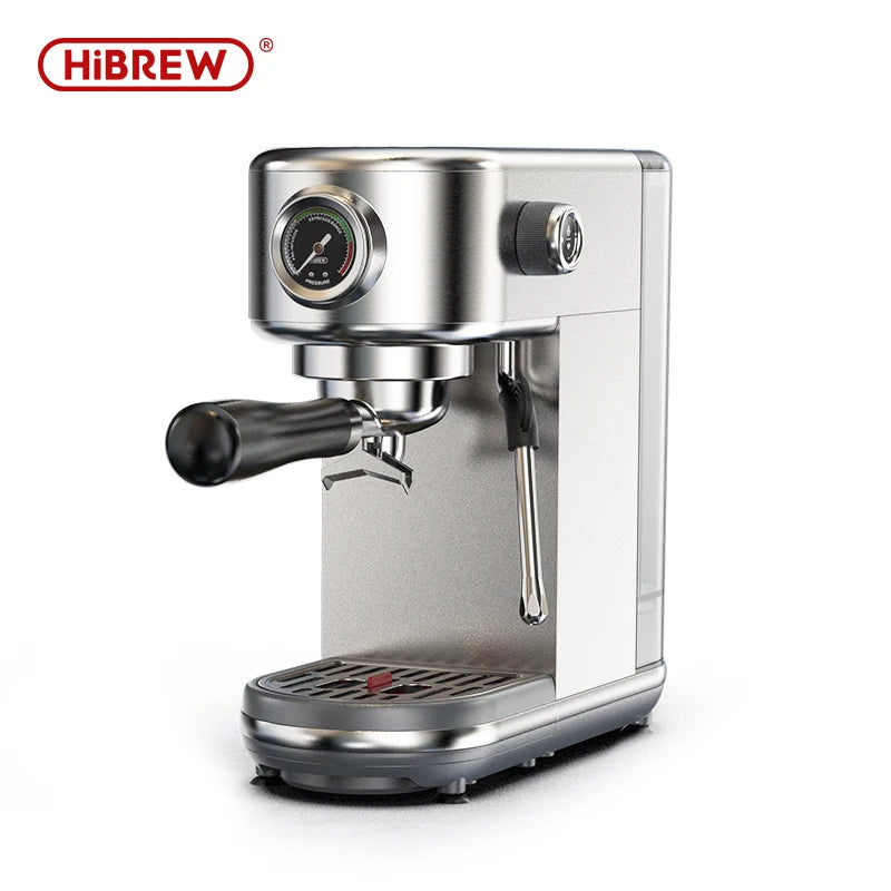 HiBREW 20Bar semi-automatic espresso coffee machine with stainless steel finish, compact design, and temperature control for hot and cold beverages.