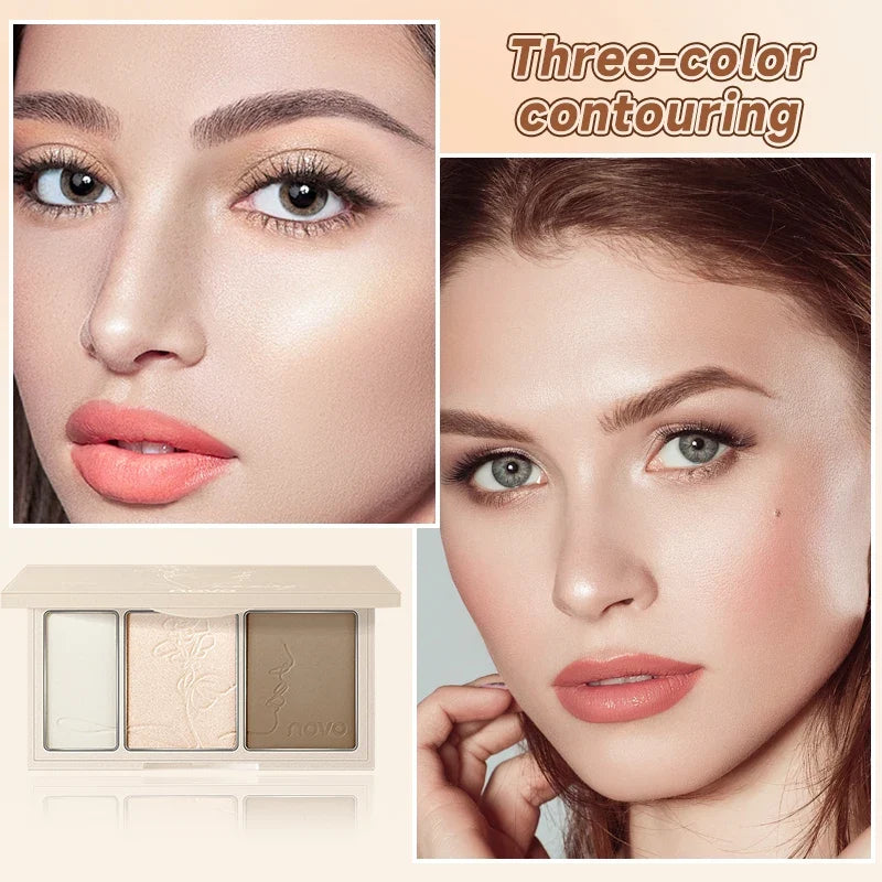 Blushimmer 3-in-1 contouring powder palette with easy-to-blend shades for highlighting and contouring, ultra-fine and long-lasting.