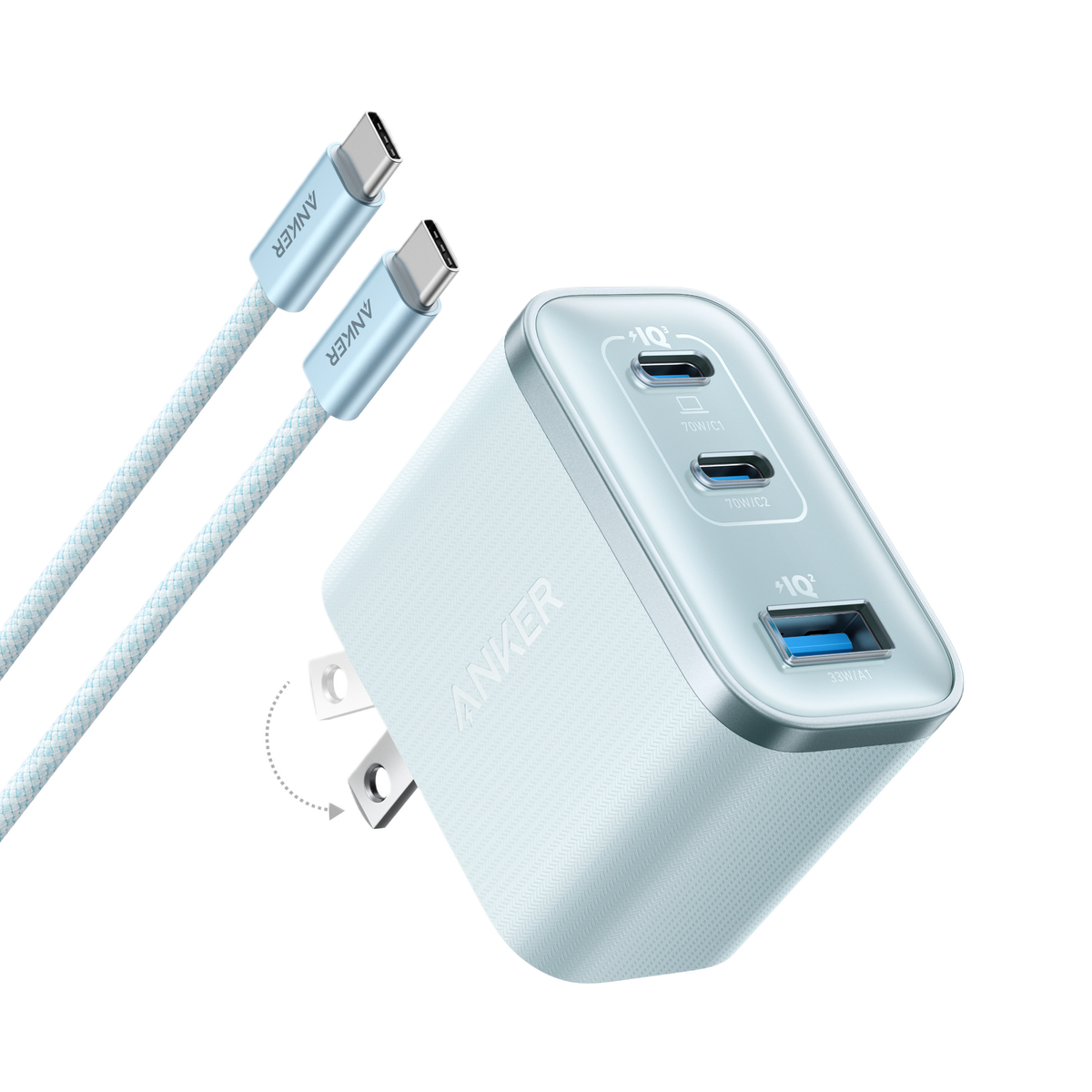 Anker Nano Charger with 70W power and three USB ports, compact white charging adapter for smartphones and devices.