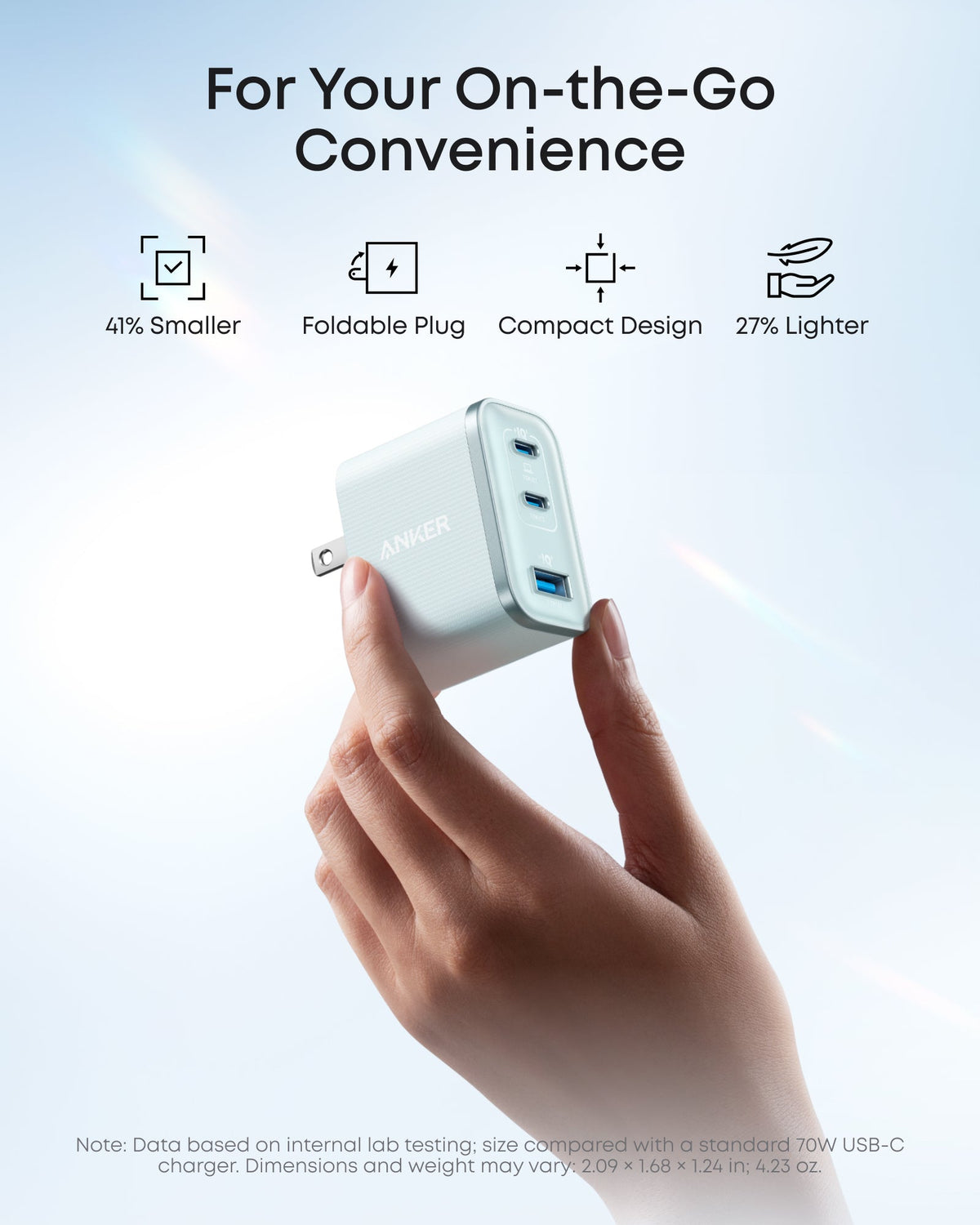 Anker Nano 70W charger with three USB-C ports, compact design, and sleek black finish for fast device charging.