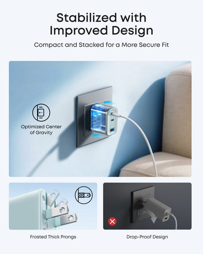 Anker Nano Charger with 70W power and three USB ports, compact black charger for fast device charging.