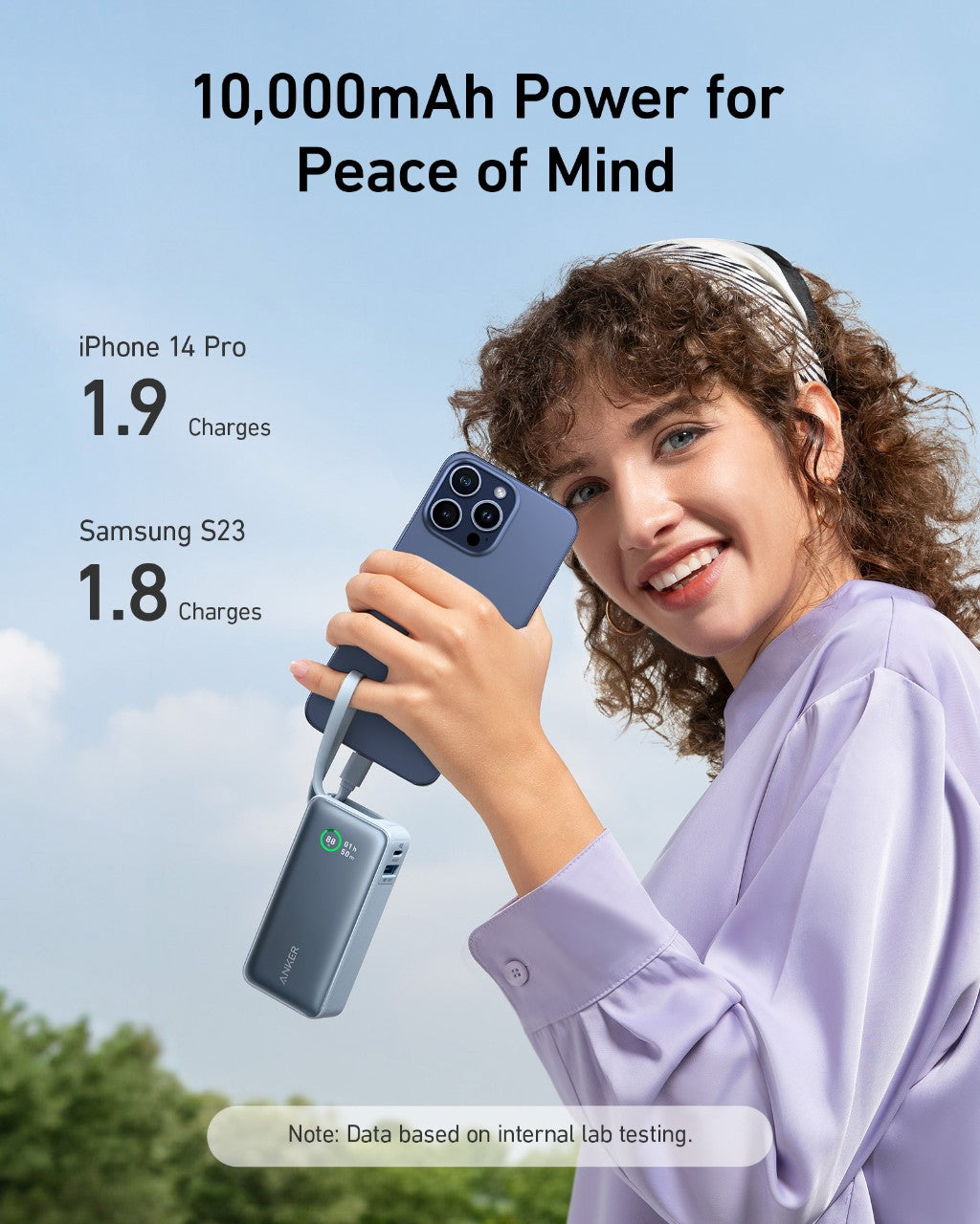 Anker Nano 30W power bank with built-in USB-C cable for portable charging, shown from a front view on a white background.