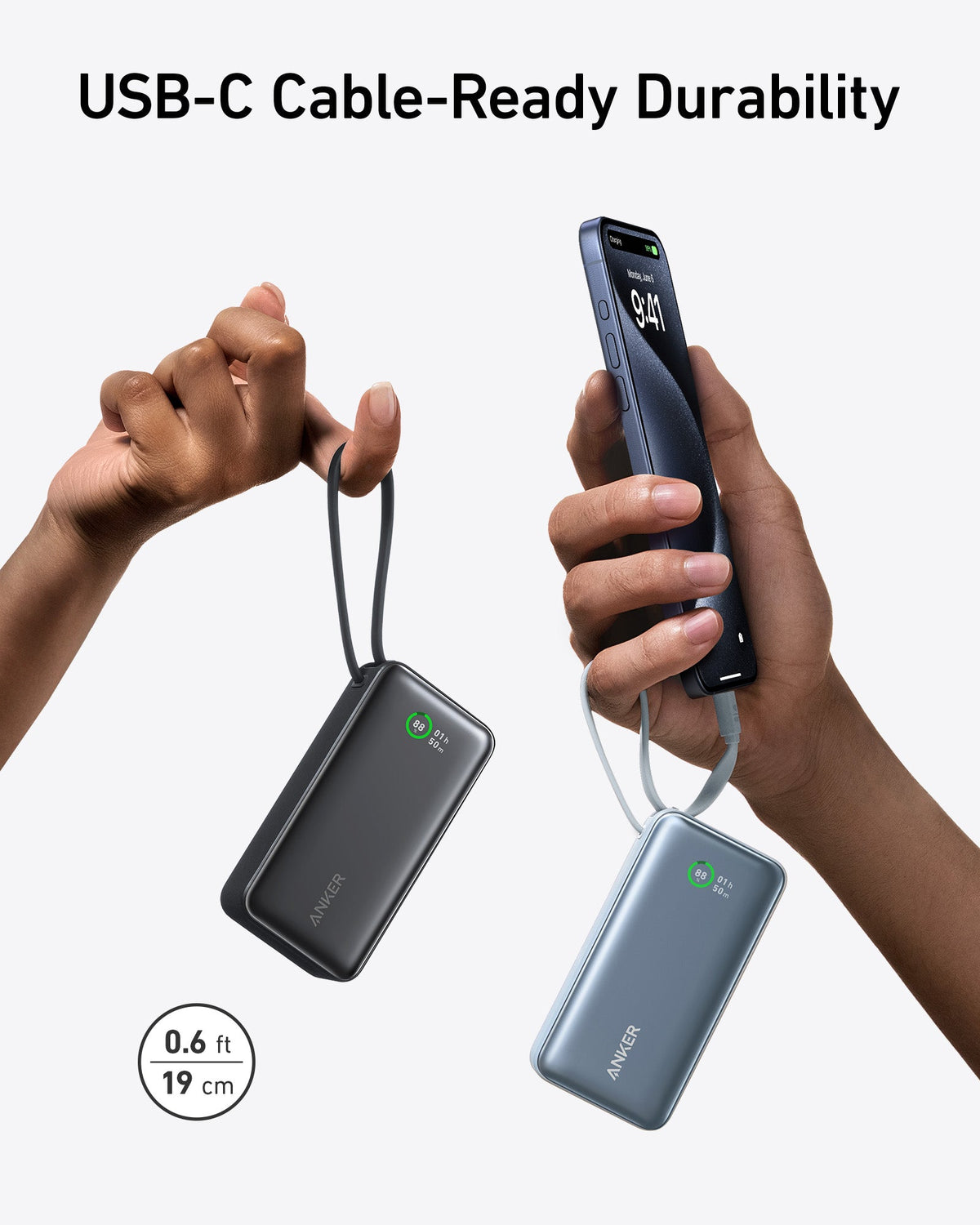 Anker Nano Power Bank 30W with built-in USB-C cable, compact portable charging device for smartphones and gadgets.
