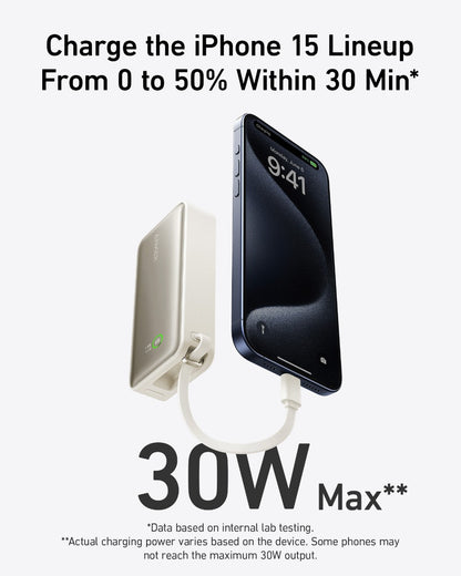 Anker Nano 30W power bank with built-in USB-C cable for portable charging, shown in a close-up view.
