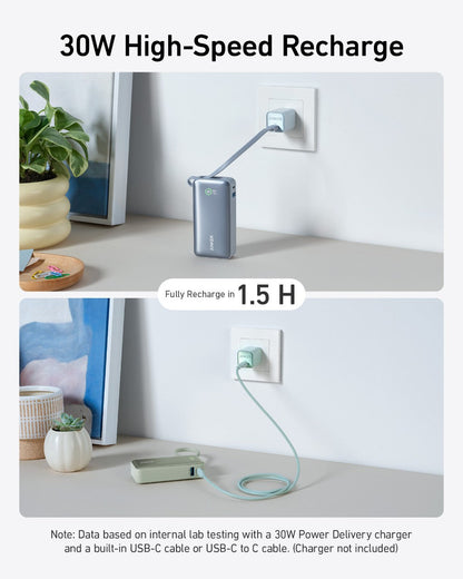 Anker Nano 30W power bank with built-in USB-C cable for portable charging, shown in a close-up image.