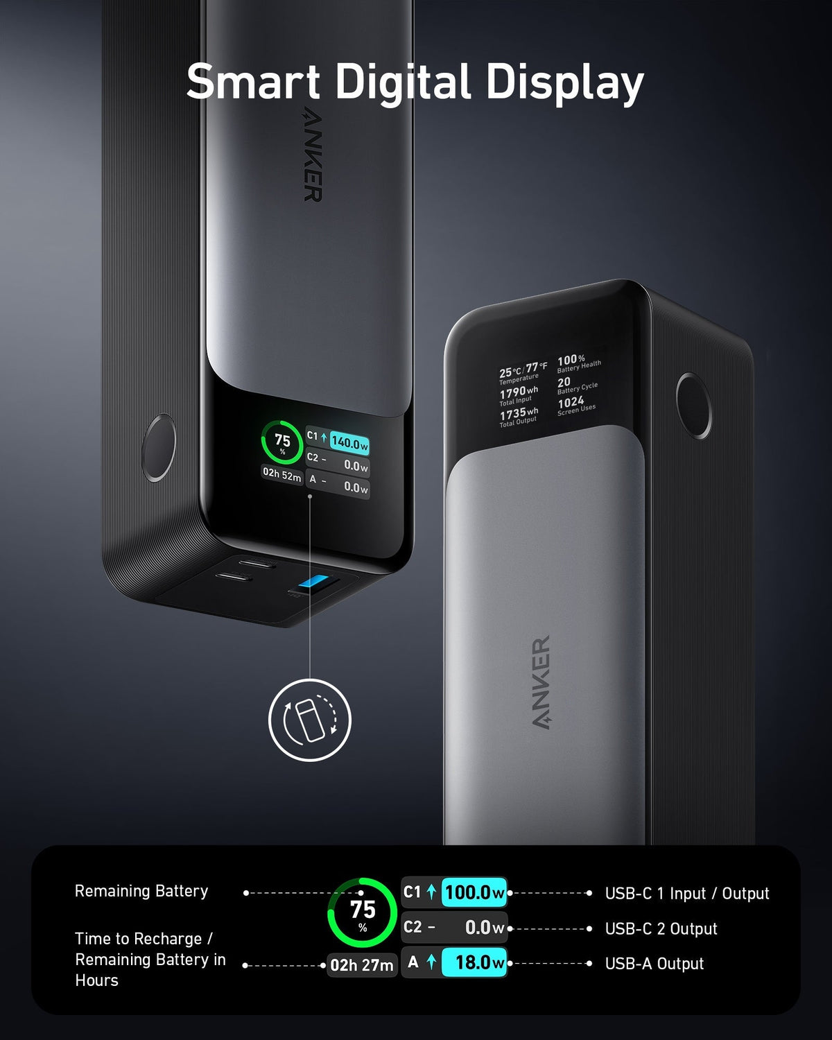 Anker PowerCore 24K portable power bank for charging devices, with dual USB ports and sleek black design.