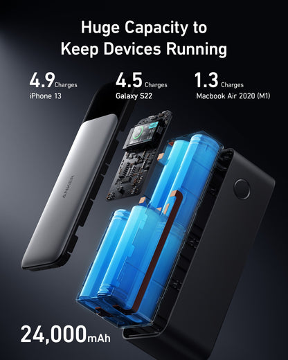 Anker 737 PowerCore 24K portable power bank with charging ports, compact design for mobile device charging.