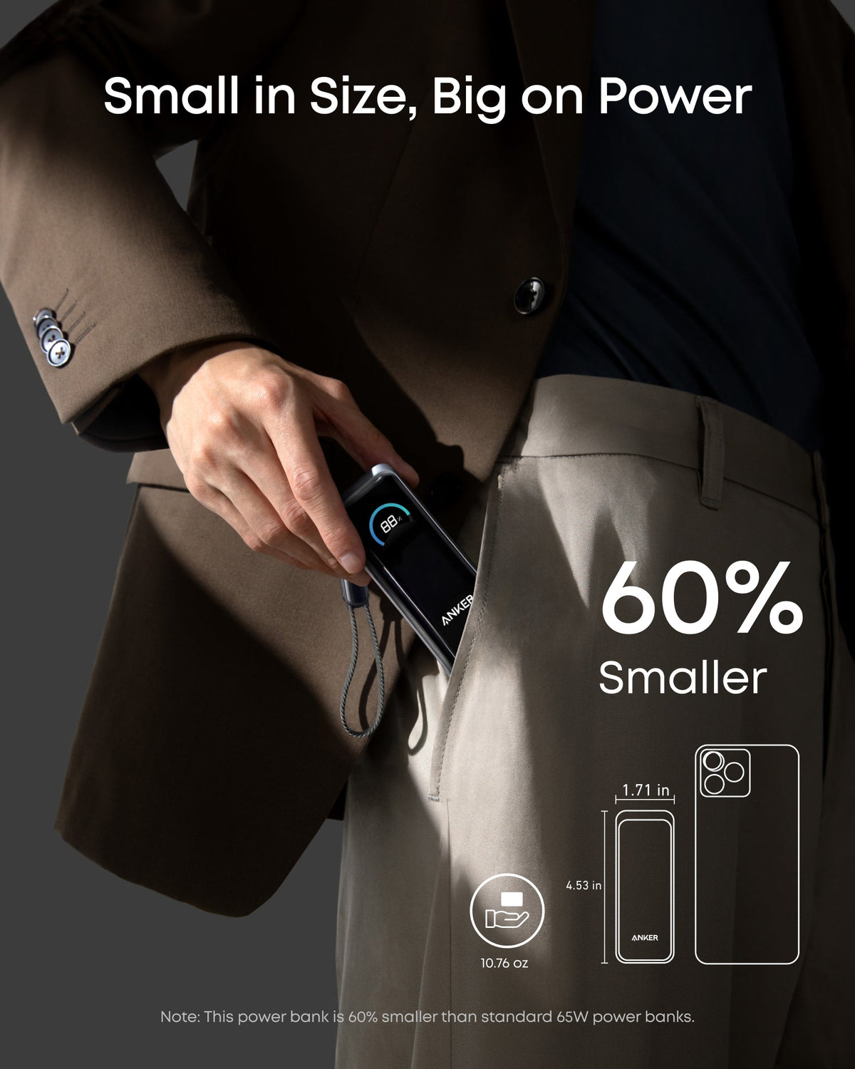 Anker Prime Power Bank 9.6K with 65W Fusion fast charging, compact portable design, black color, and USB-C port.