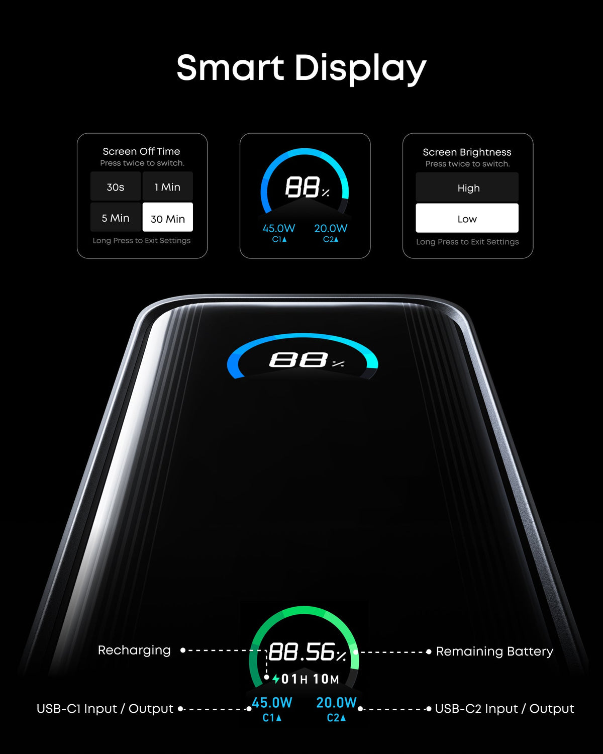 Anker Prime Power Bank 9.6K with 65W Fusion charging, compact portable design, black color, and digital display on front.