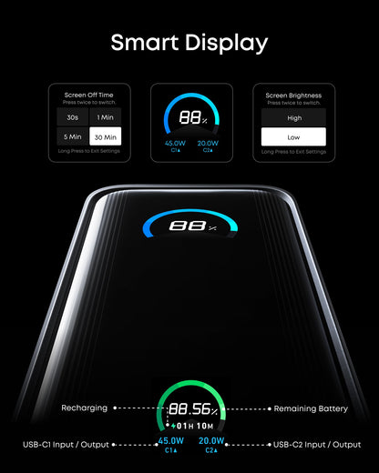Anker Prime Power Bank 9.6K with 65W Fusion charging, compact portable design, black color, and digital display on front.