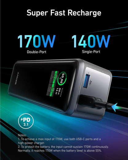 Anker Prime Power Bank 27K 250W portable charging device with sleek design and multiple USB ports for fast device charging.