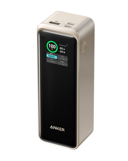 Anker Prime 27K Power Bank with 250W charging capacity, sleek portable design, showing USB ports for fast device charging.