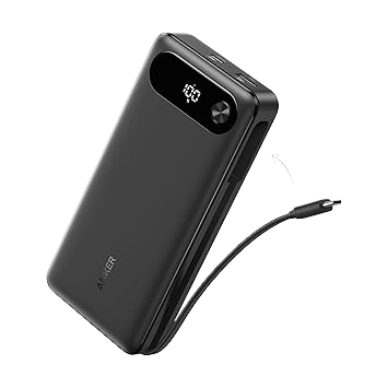 Anker Power Bank 20K with 87W output and built-in USB-C cable, portable rechargeable battery pack for devices.