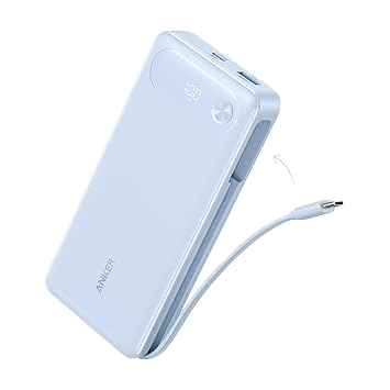 Anker Power Bank 20K with 87W output and built-in USB-C cable, portable portable charger for smartphones and devices.