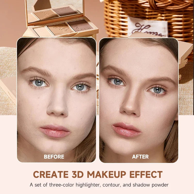 Blushimmer 3-in-1 contouring powder palette with blendable shades for highlighting and contouring, featuring ultra-fine, long-lasting formulas.