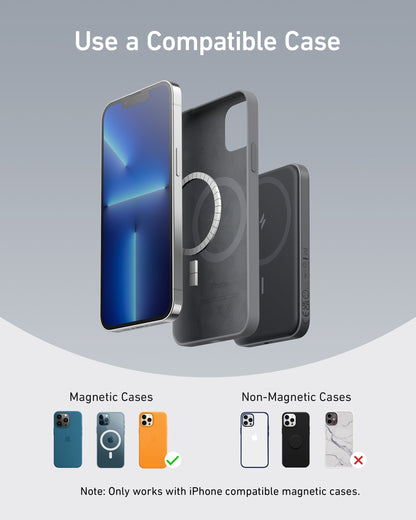 Anker 621 MagGo Magnetic Battery designed for wireless charging, shown attached to a compatible device with sleek black design.
