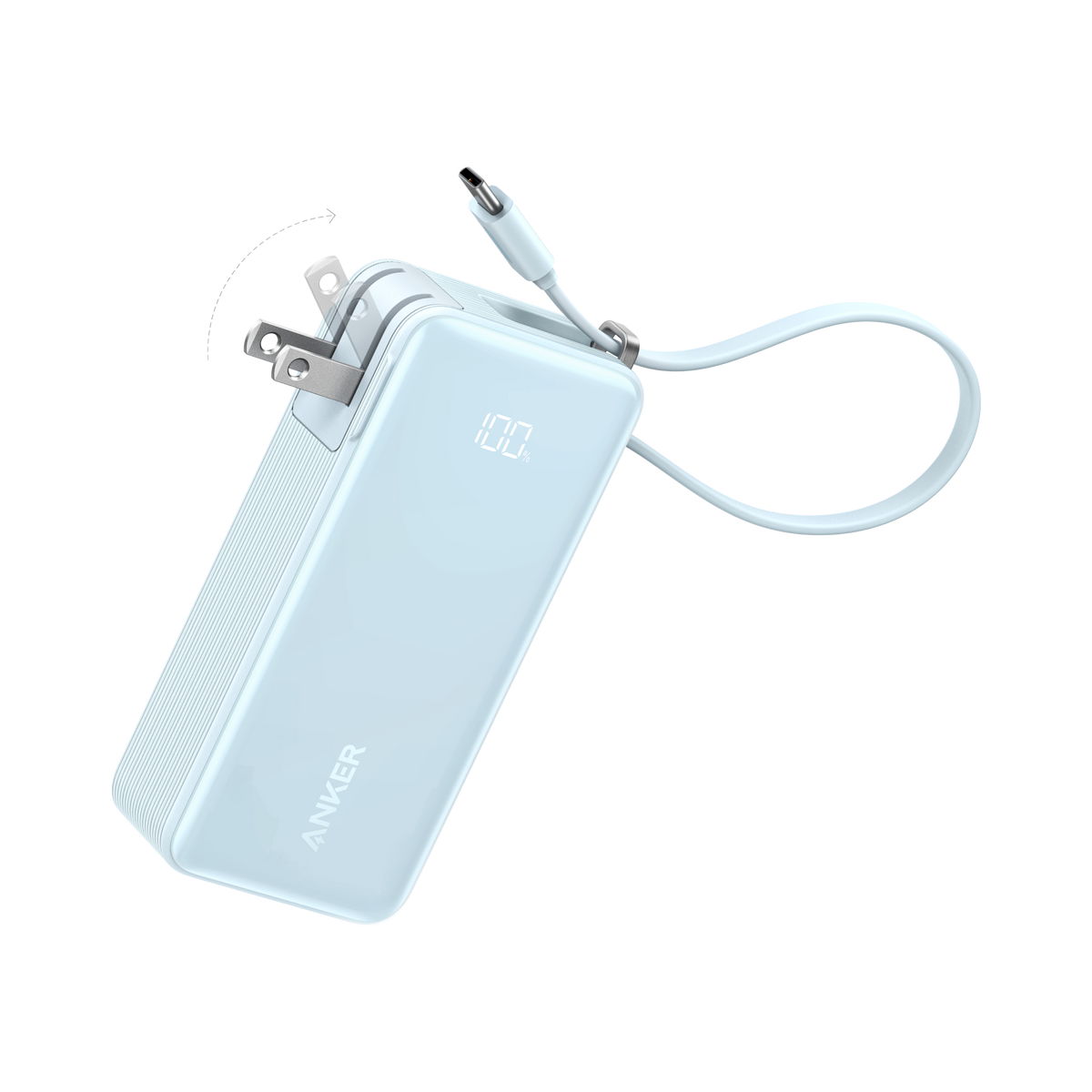 Anker Power Bank 10K Fusion with built-in cable, portable external battery charger for smartphones and devices.