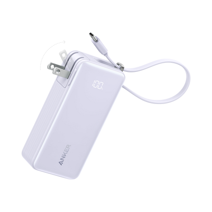 Anker Power Bank 10K Fusion with built-in cable, portable portable charger for mobile devices, black and compact design.