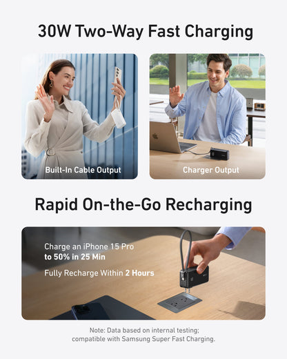 Anker Power Bank 10K Fusion with built-in cable, compact portable charger for smartphones and devices.