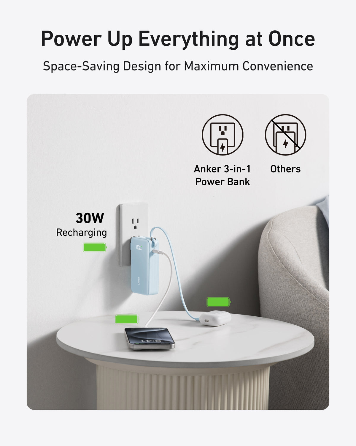 Anker Power Bank 10K Fusion with built-in cable, compact portable charger for smartphones and devices, black color.