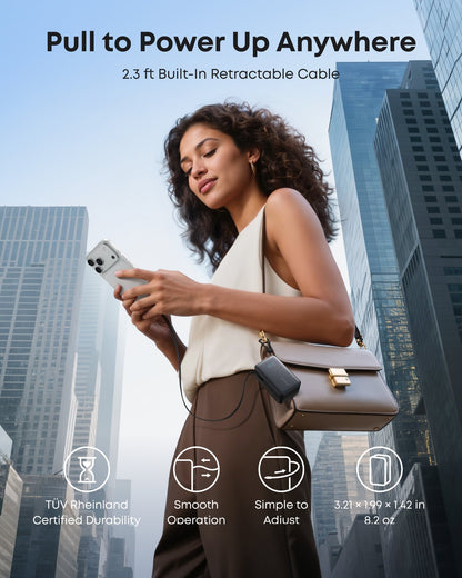 Anker Nano 10K 45W power bank with built-in retractable USB-C cable on a plain background.