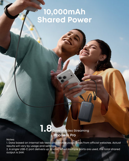Anker Nano Power Bank with 10,000mAh capacity, 45W charging, and built-in retractable USB-C cable in sleek black.
