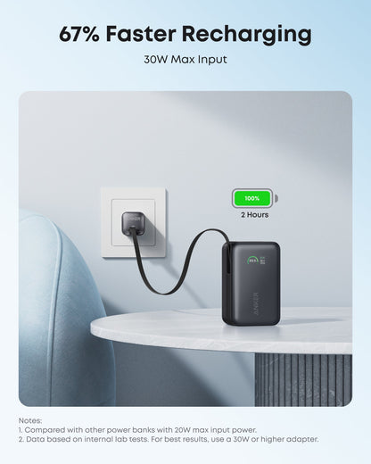 Anker Nano 10K 45W power bank with built-in retractable USB-C cable, compact portable charger for smartphones and devices.