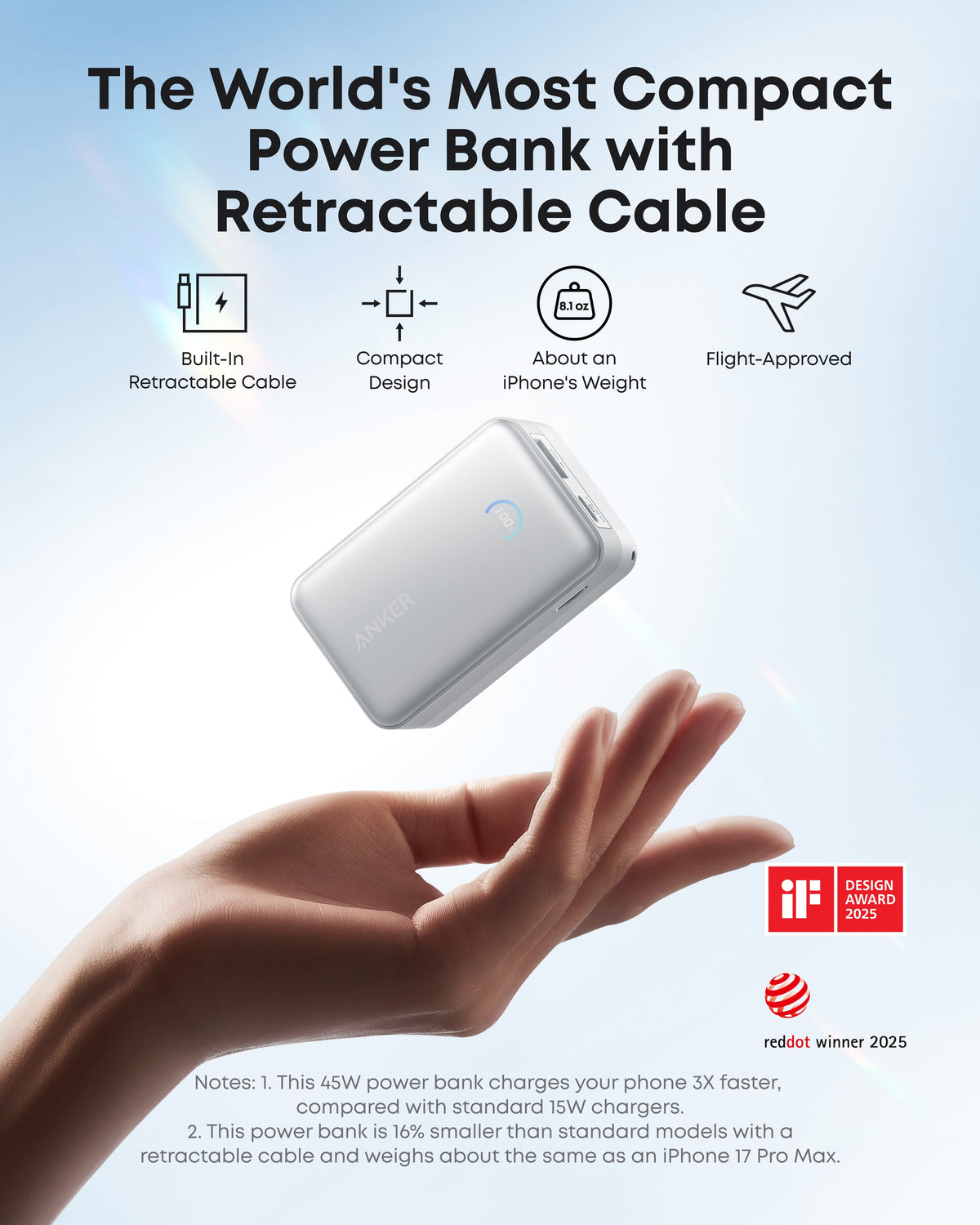 Anker Nano 10K 45W power bank with built-in retractable USB-C cable, compact portable charger for smartphones and devices
