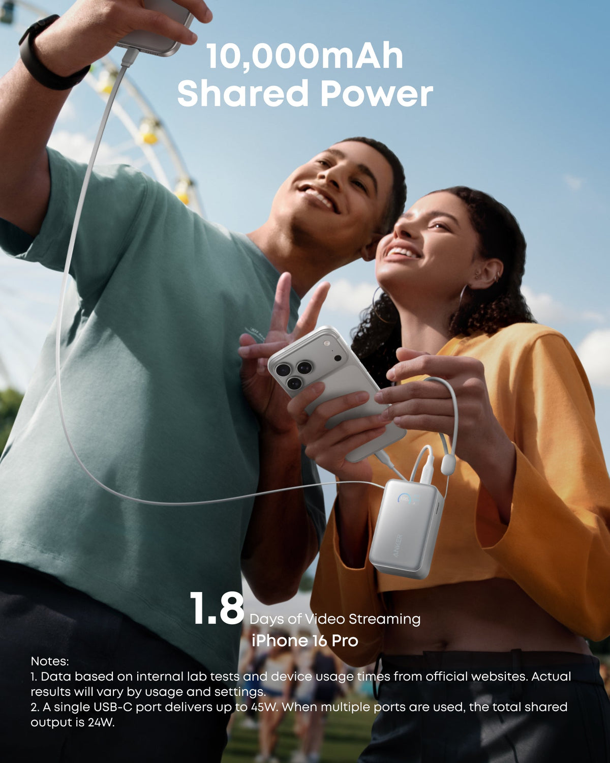 Anker Nano 10K power bank with built-in retractable USB-C cable, compact portable charger for smartphones and devices.