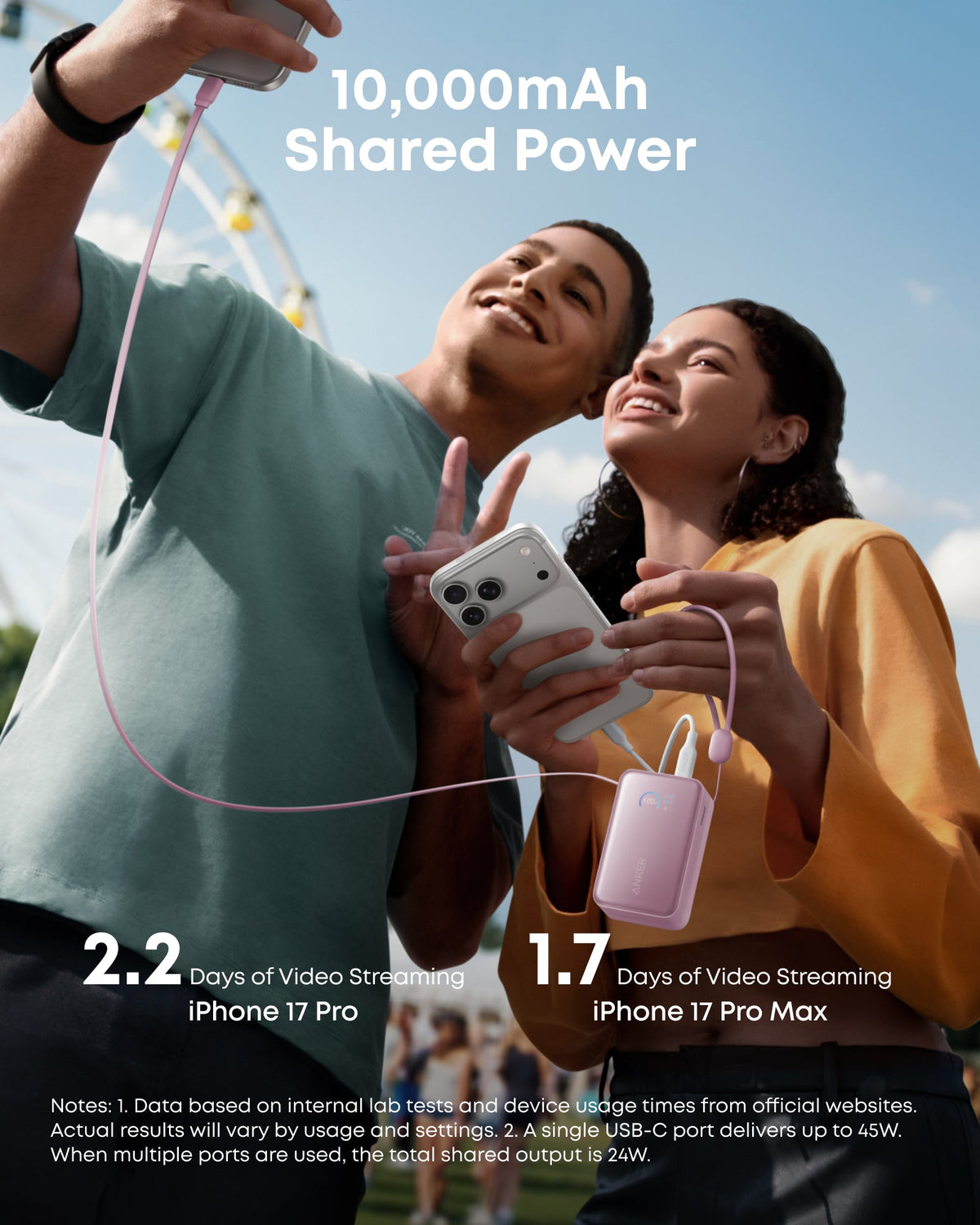 Anker Nano Power Bank 10K with 45W output and built-in retractable USB-C cable, compact portable charger for smartphones.