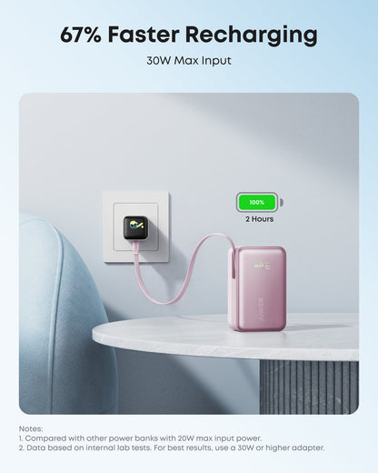 Anker Nano 10K power bank with 45W output and built-in retractable USB-C cable, compact portable charger for smartphones and devices.