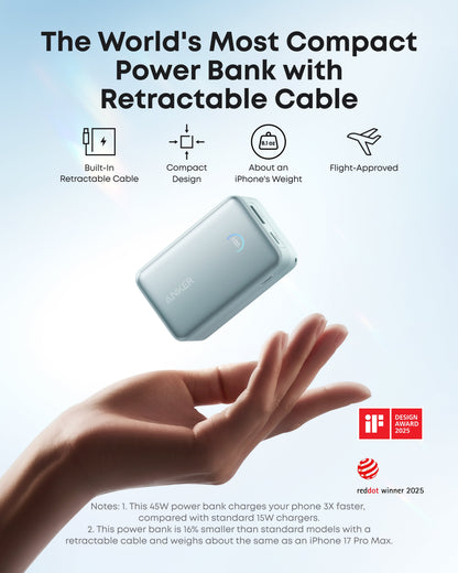 Anker Nano 10K power bank with 45W output and built-in retractable USB-C cable, compact portable charger for devices.