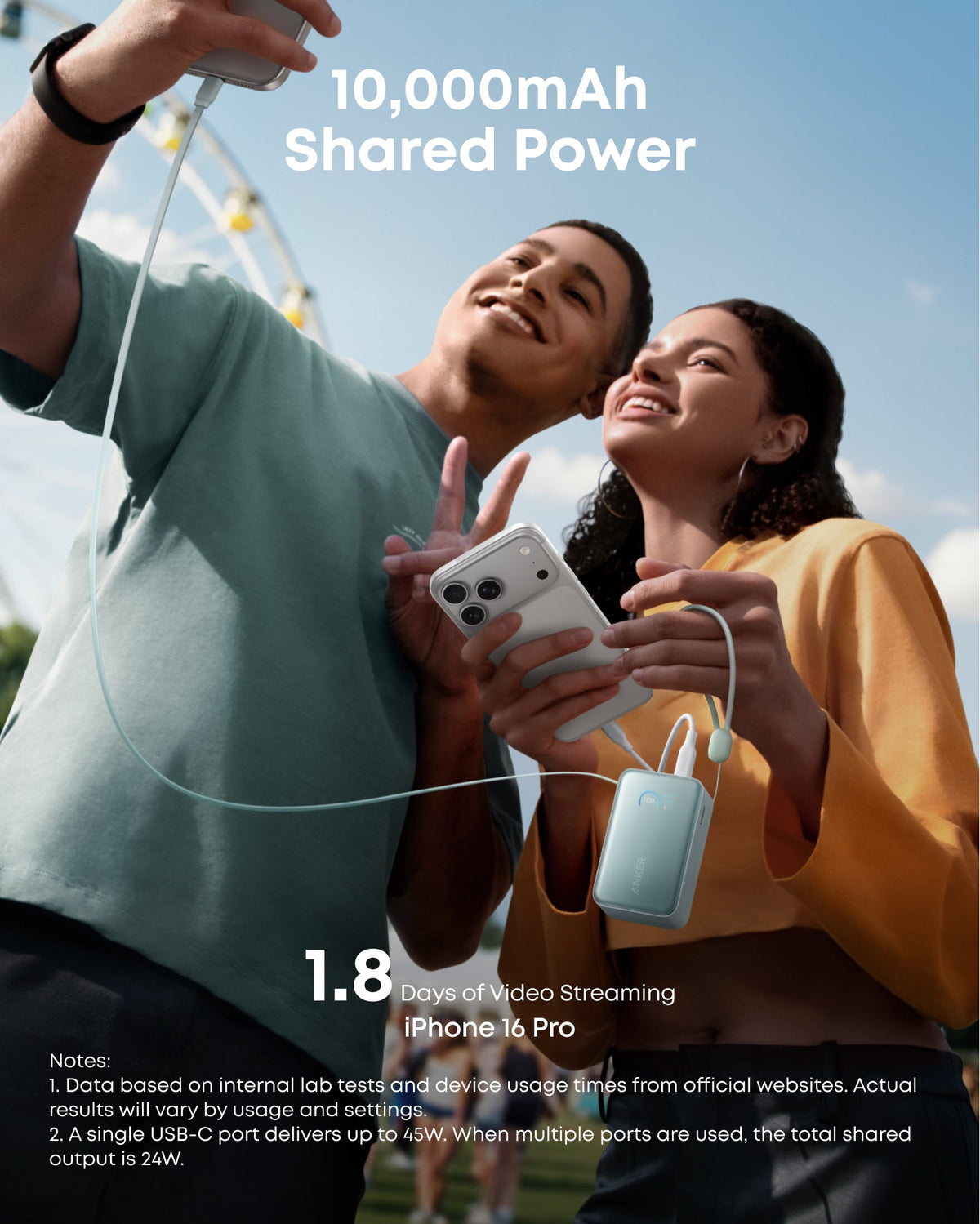Anker Nano Power Bank 10K with 45W output and built-in retractable USB-C cable, compact portable charger for devices.