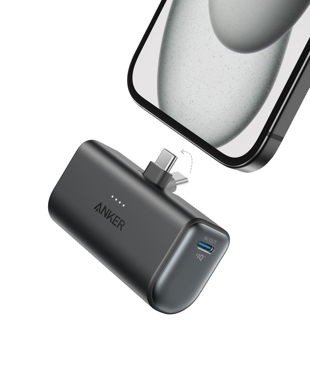 Anker Nano 22.5W power bank with built-in USB-C connector for portable charging, shown in a sleek, compact design.