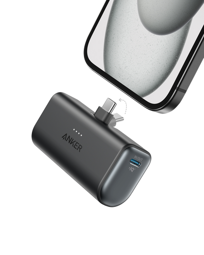 Anker Nano 22.5W power bank with built-in USB-C connector for portable charging, shown in a sleek, compact design.