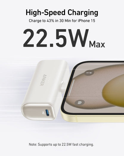 Anker Nano 22.5W power bank with built-in USB-C connector, portable charging device for smartphones and gadgets.