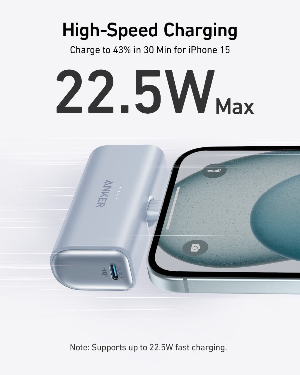 Anker Nano Power Bank with built-in USB-C connector, compact portable charging device for smartphones and tablets.
