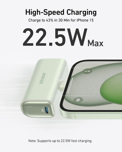 Anker Nano 22.5W power bank with built-in USB-C connector, compact portable charging device.