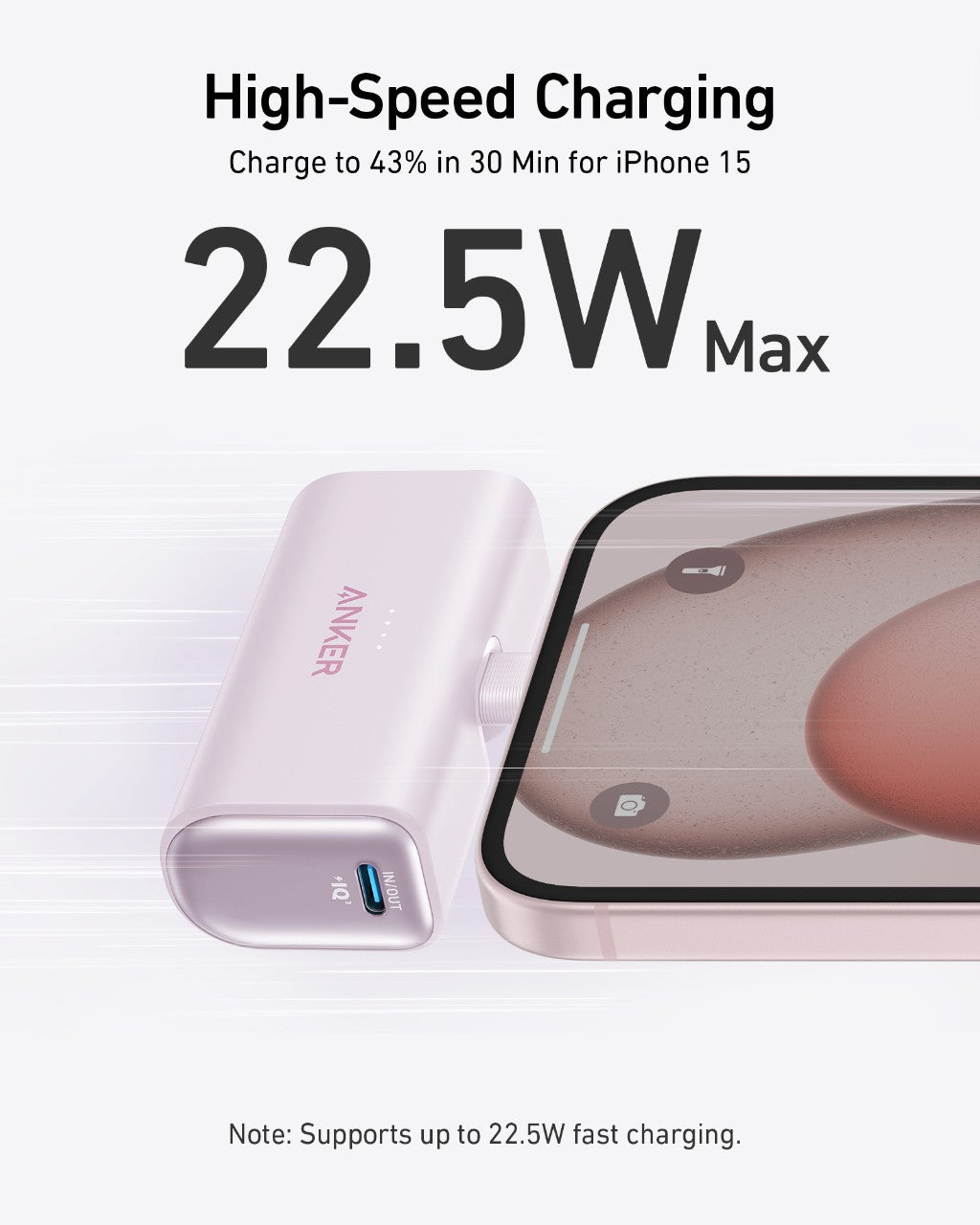 Anker Nano Power Bank with 22.5W fast charging, built-in USB-C connector, compact portable battery for charging devices.