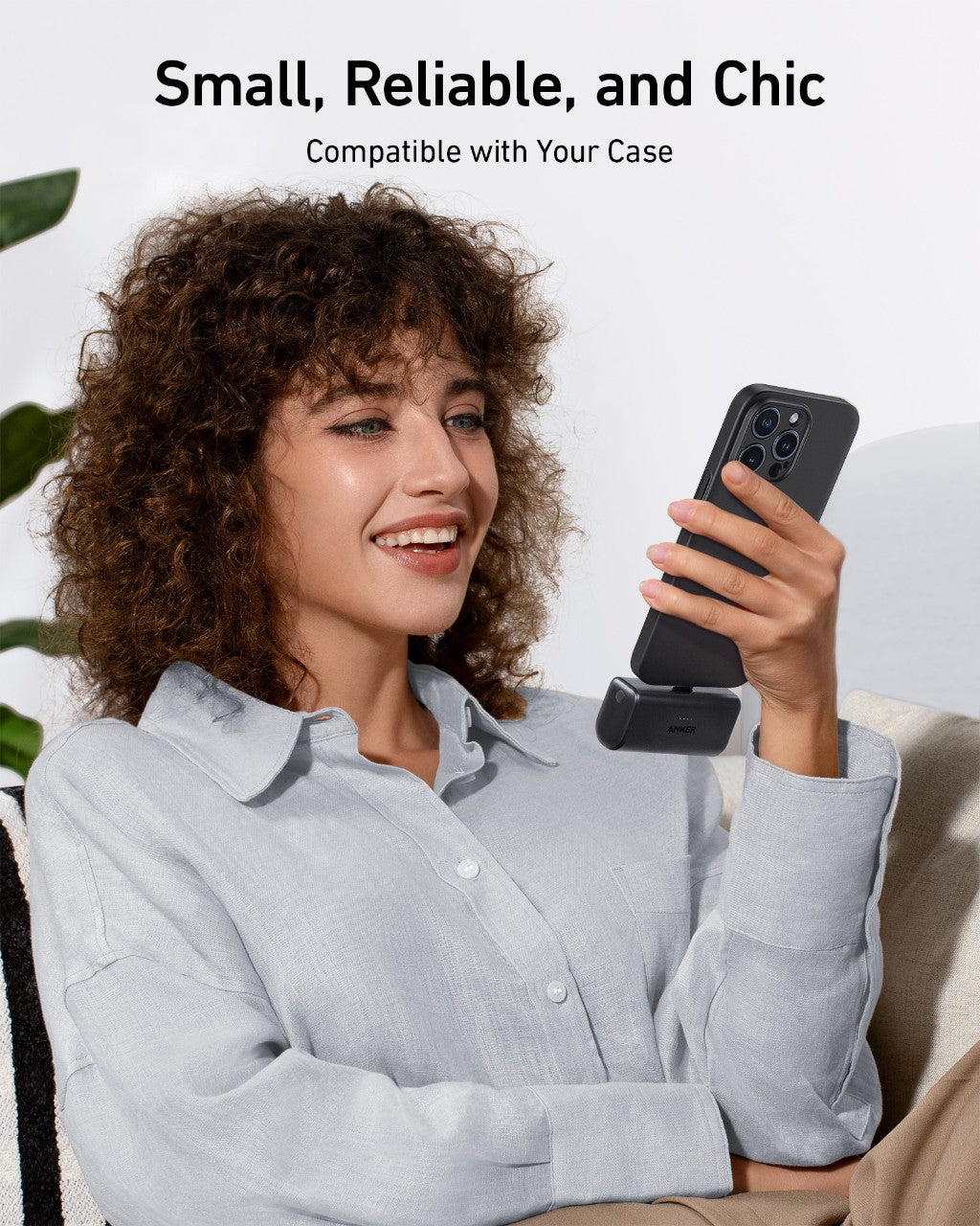 Anker Nano 22.5W power bank with built-in USB-C connector for portable charging, shown in a close-up image.