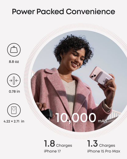Anker MagGo Power Bank 10K portable charger with magnetic wireless charging pad and USB-C port, compact and lightweight design.