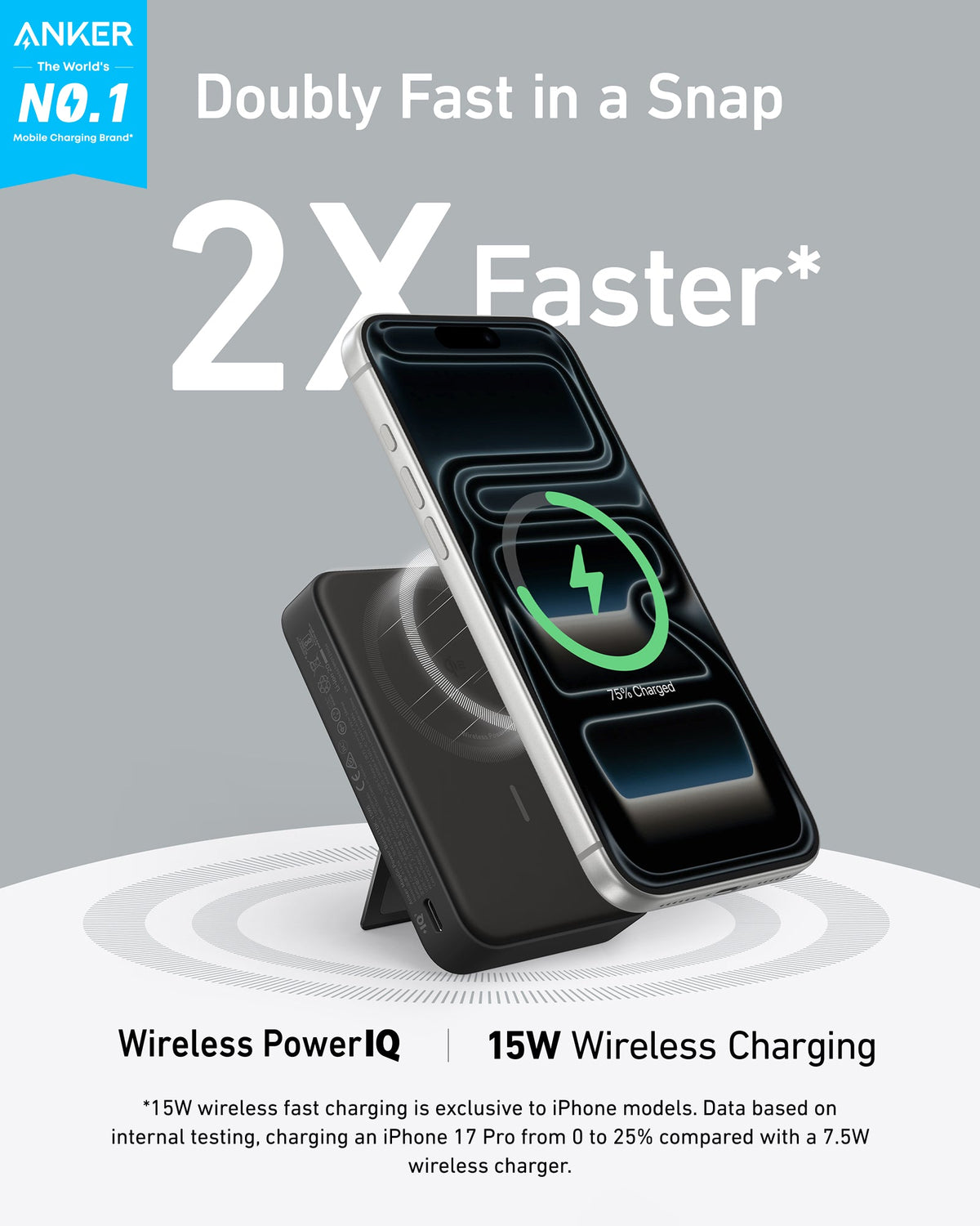 Anker MagGo Power Bank 10K with magnetic wireless charging pad and USB-C port, compact portable power source on a white background.