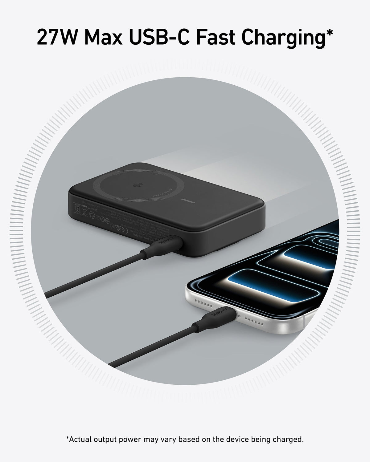 Anker MagGo 10K Power Bank showing sleek black design with USB-C port and LED indicator in a close-up shot.