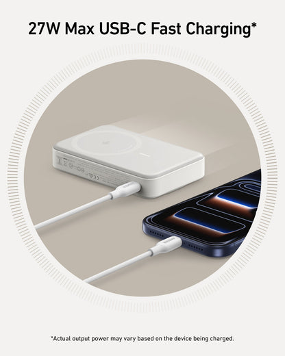 Anker MagGo 10K Power Bank showing portable charger with magnetic attachment and digital display for battery status.