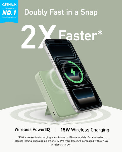 Anker MagGo Power Bank 10K with MagSafe magnetic wireless charging pad and USB-C port, compact portable power source.