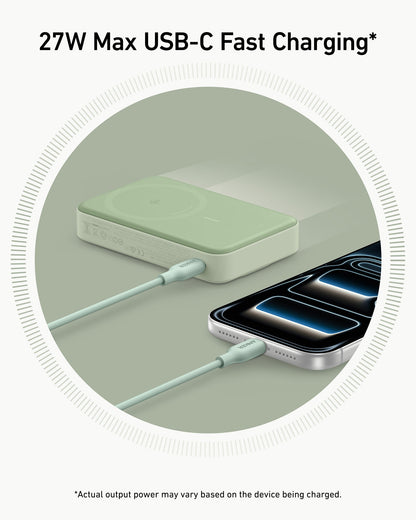 Anker MagGo 10K power bank with USB-C and MagSafe-compatible magnetic charging, compact portable power source.