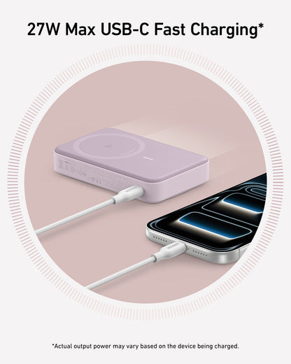 Anker MagGo 10K Power Bank showing portable charger with MagSafe compatibility and digital display, black color.