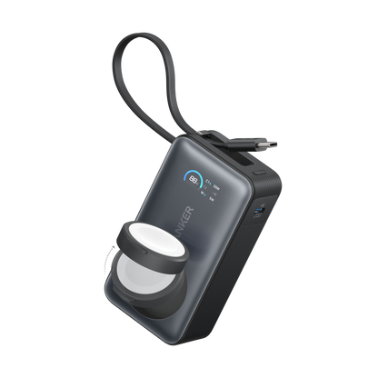 Anker MagGo 10K 35W power bank with Apple Watch charging pad and USB-C port, compact portable power solution.